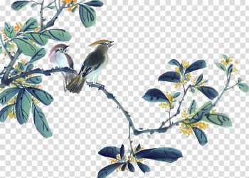 Two brown birds illustration, Chinese painting Ink wash painting Gongbi Watercolor painting, Bird tree transparent background PNG clipart