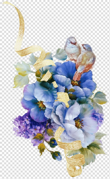 Two brown birds perching on blue and white petaled flowers, Watercolour Flowers Floral design Vintage clothing , flower transparent background PNG clipart