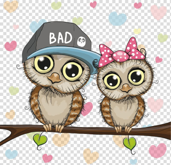 Two brown owls perched on tree branch, Owls in the Family Cartoon Illustration, Cartoon animals material Couple transparent background PNG clipart
