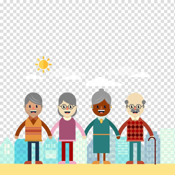 Two girls and two boys holding hands illustration, Old age International Day for Older Persons Aged Care Grandparent, happy elderly transparent background PNG clipart