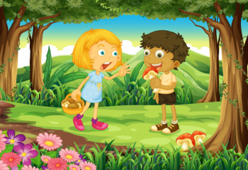 Two kids in the middle of the forest Free Vector