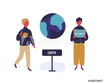 Two male cartoon pupil at excursion in astronomical museum vector flat illustration