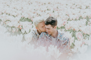 Two Man Sitting on Pink Flower Field Two Man Sitting on Pink Flower Field