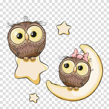 Two owls with stars and crescent moon illustration, Infant Birthday Dad Memory Book Keepsake box, Owl cartoon couple transparent background PNG clipart