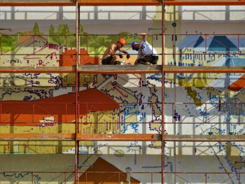 Two Person on Scaffolding Painting Wall Two Person on Scaffolding Painting Wall
