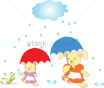 Two rabbits with umbrellas on a rainy day Two rabbits with umbrellas on a rainy day