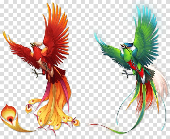 Two red and green Phoenix , Bird Phoenix Fenghuang, Phoenix color pattern transparent background PNG clipart