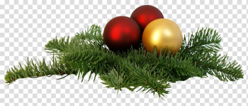 Two red and one brown Christmas baubles on Christmas tree leaves, Christmas tree, Christmas Branch transparent background PNG clipart