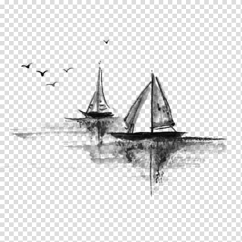 Two sloop boat art, Ink wash painting Ink brush Watercolor painting Landscape painting, Free boat to pull the ink material transparent background PNG clipart