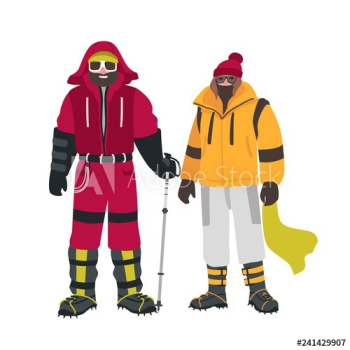 Two smiling climbers or alpinists with special equipment, in warm outfit isolated on white background