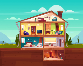 Two-storey cottage house cross section interior cartoon vector with spacious hall Free Vector