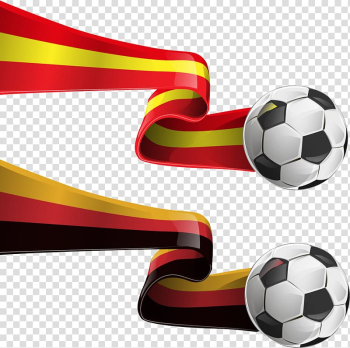 Two white-and-black soccer balls illustration, Flag , Football crowded ribbons transparent background PNG clipart