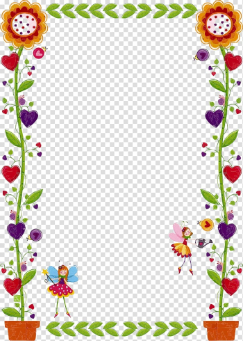 Two yellow petaled flowers and two fairies illustration, Borders and Frames Paper , Sunflower Border transparent background PNG clipart