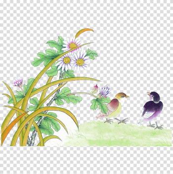 U56fdu753bu5c71u6c34 u82b1u9ce5u756bu6280u6cd5 Bird-and-flower painting Gongbi Chinese painting, FIG green leaves white transparent background PNG clipart