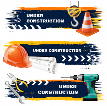 Under construction grunge banners with road barrier protective helmet hook of elevating crane realistic icons Free Vector