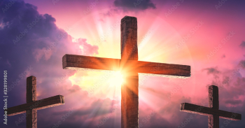 Upward View Of Three Wooden Crosses With Sunrise And Clouds Background - Death And Resurrection Of Jesus Christ	
