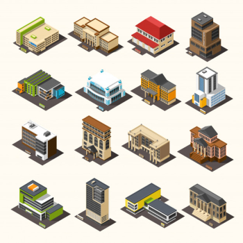 Urban buildings isometric collection Free Vector Urban buildings isometric collection Free Vector