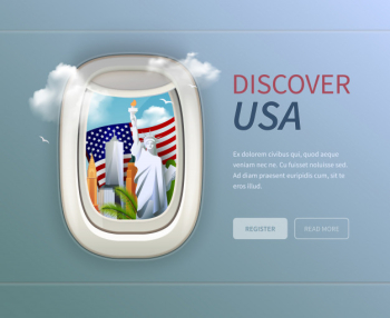 Usa porthole background with discover usa headline and register and read more buttons Free Vector