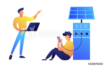 User charging smartphone from solar recharge station and programmer with laptop vector illustration