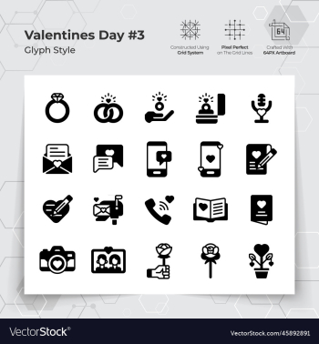 valentines day icons set in glyph black fill