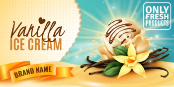 Vanilla ice cream naturally flavored product advertising poster with plant flower aromatic seed pods realistic Free Vector
