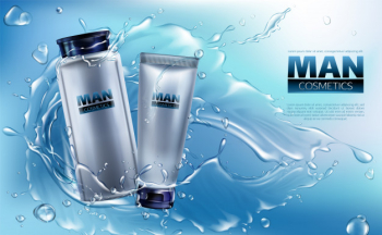 Vector 3d realistic cosmetics for men in water splashing. Free Vector
