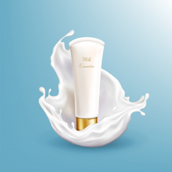 Vector 3d realistic milk cosmetic in white splashing isolated on blue background. Free Vector