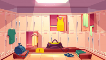 Vector cartoon school gym with wardrobe, changing room with open lockers and clothings for football