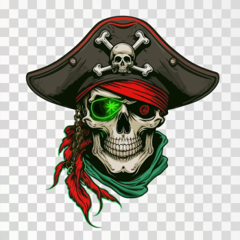 Vector design of a pirate skull with a green glowing eye isolated on a white background