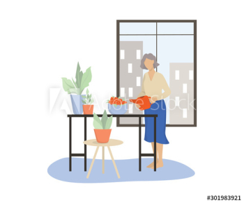 Vector illustration of an old woman watering her home garden Vector illustration of an old woman watering her home garden