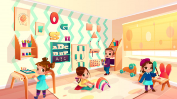 Vector montessori room with children, elementary school background Free Vector