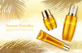 Vector realistic cosmetic background, promo banner for summer spf cosmetics. Free Vector