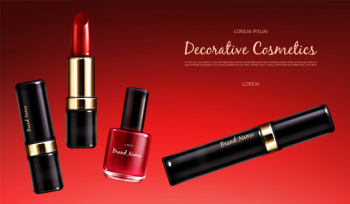 Vector realistic cosmetic promo poster. banner with a female collection of makeup cosmetics, scarlet lipstick, nail polish and mascara on a red background. products for bright makeup Free Vector