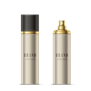 Vector realistic illustration of a spray bottle of silvery color with a golden sprayer and black cap
