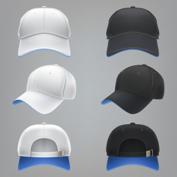 Vector realistic illustration of a white and black textile baseball cap front, back and side view Free Vector