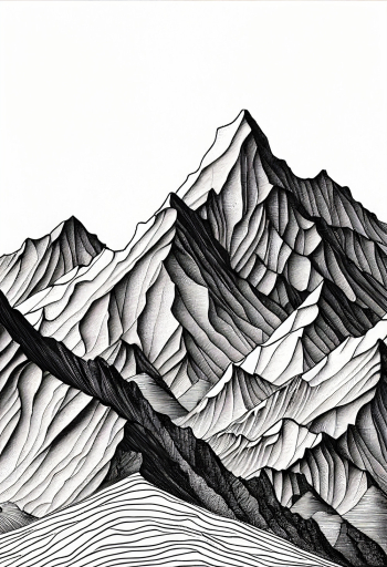 Vertical black and white graphic painting of a mountain range