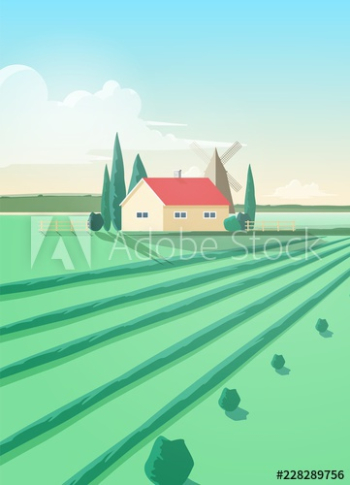 Vertical countryside landscape with agricultural building or house and plowed green field against windmill and sky with clouds on background