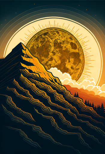 Vertical painting of a landscape with mountain and sun in the background Vertical painting of a landscape with mountain and sun in the background