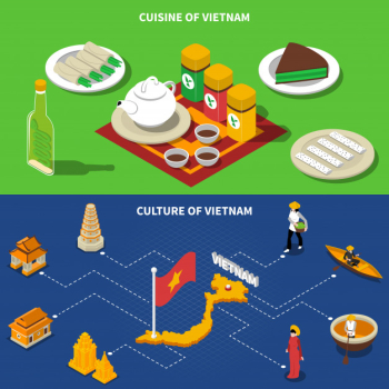 Vietnam culture tourist isometric banners Vietnam culture tourist isometric banners