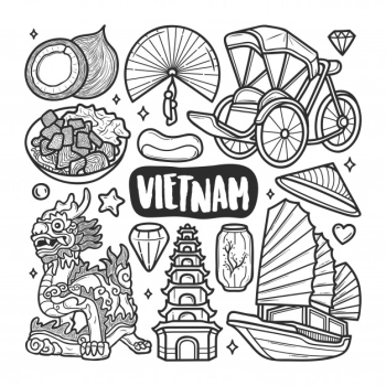 Vietnam icons hand drawn doodle coloring Free Vector