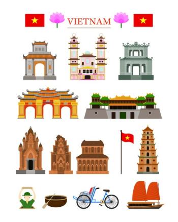 Vietnam Landmarks Architecture Building Object Set, Famous Place, Travel and Tourist Attraction