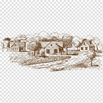 Village sketch, Village Drawing Sketch, Hand-painted village transparent background PNG clipart