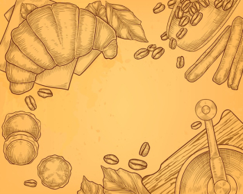 Vintage hand drawn illustration of coffee grinder with croissant, breakfast concept. 