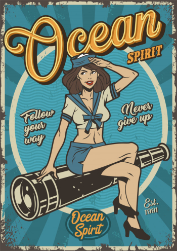 Vintage marine colorful poster with pin up girl Free Vector Vintage marine colorful poster with pin up girl Free Vector