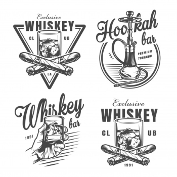 Vintage monochrome whiskey bar emblems Free Vector Vintage monochrome whiskey bar emblems Free Vector