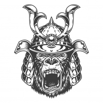 Vintage serious gorilla warrior in samurai helmet in monochrome style   illustration Free Vector