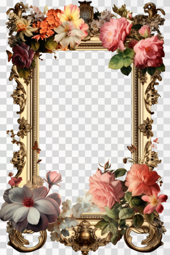 vintage vertical picture frame with floral ornament, png transparent background