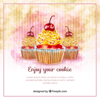 Vintage watercolor background with delicious cupcakes