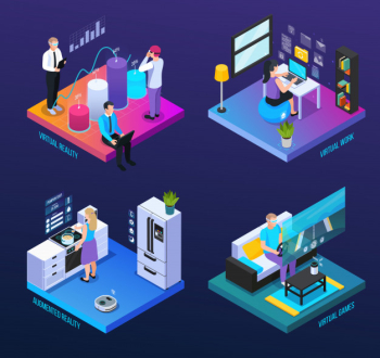 Virtual augmented reality 360 degree isometric 2x2 set of compositions with human characters and computer icons vector illustration Free Vector