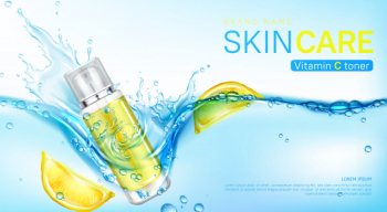 Vitamin toner banner, cosmetics bottle in water Free Vector Vitamin toner banner, cosmetics bottle in water Free Vector